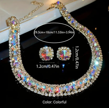 1 Set/3 pcs Crystal Necklace and Earrings Jewelry Set Square Rhinestone Decorated Fashionable Stud