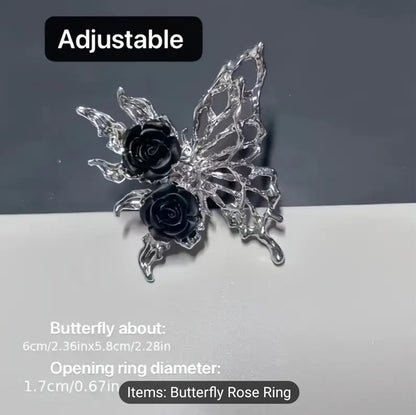 Vintage Metal Black Rose Hallow Butterfly Adjustable Ring For Women Fashion Exquisite Jewelry