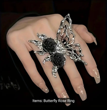 Vintage Metal Black Rose Hallow Butterfly Adjustable Ring For Women Fashion Exquisite Jewelry