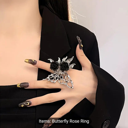 Vintage Metal Black Rose Hallow Butterfly Adjustable Ring For Women Fashion Exquisite Jewelry