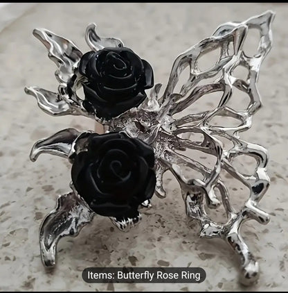 Vintage Metal Black Rose Hallow Butterfly Adjustable Ring For Women Fashion Exquisite Jewelry