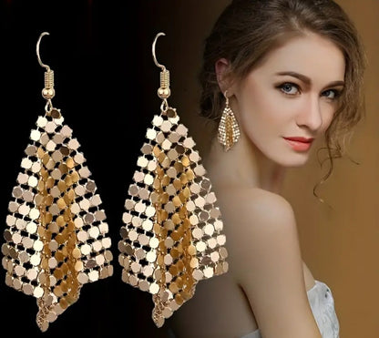 Trendy Women Earrings Metal Mesh Grid Sequins Tassel Long Drop Dangle Earrings