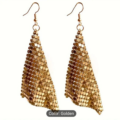 Trendy Women Earrings Metal Mesh Grid Sequins Tassel Long Drop Dangle Earrings