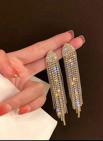 1 Pair Long Tassel Waterdrop Rhinestone Metal Earrings