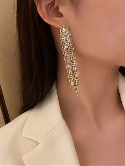 1 Pair Long Tassel Waterdrop Rhinestone Metal Earrings