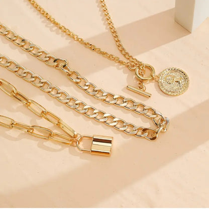 Gold Layered Necklaces for Women Chunky Layered Gold Necklaces Gold Stacked Necklaces Cuban Chunky Layered Paperclip Chain with Coin Lock Pendant Toggle Clasp Necklace Jewelry