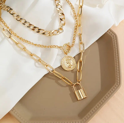 Gold Layered Necklaces for Women Chunky Layered Gold Necklaces Gold Stacked Necklaces Cuban Chunky Layered Paperclip Chain with Coin Lock Pendant Toggle Clasp Necklace Jewelry