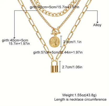 Gold Layered Necklaces for Women Chunky Layered Gold Necklaces Gold Stacked Necklaces Cuban Chunky Layered Paperclip Chain with Coin Lock Pendant Toggle Clasp Necklace Jewelry