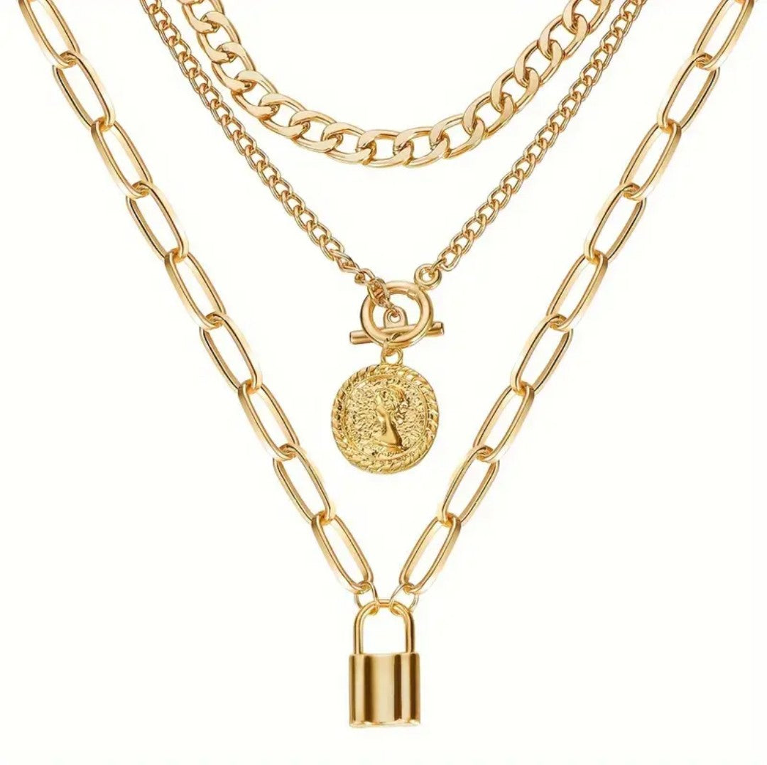 Gold Layered Necklaces for Women Chunky Layered Gold Necklaces Gold Stacked Necklaces Cuban Chunky Layered Paperclip Chain with Coin Lock Pendant Toggle Clasp Necklace Jewelry