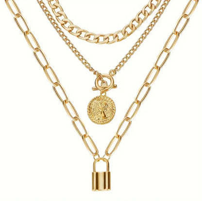 Gold Layered Necklaces for Women Chunky Layered Gold Necklaces Gold Stacked Necklaces Cuban Chunky Layered Paperclip Chain with Coin Lock Pendant Toggle Clasp Necklace Jewelry