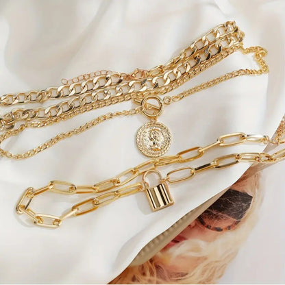 Gold Layered Necklaces for Women Chunky Layered Gold Necklaces Gold Stacked Necklaces Cuban Chunky Layered Paperclip Chain with Coin Lock Pendant Toggle Clasp Necklace Jewelry