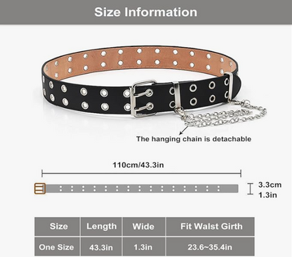 Gothic Belt with Chain, Double Grommet Buckle Leather Belt for Men and Women, Fashion Belt for Jeans and Pants, Punk Rock Y2K Style