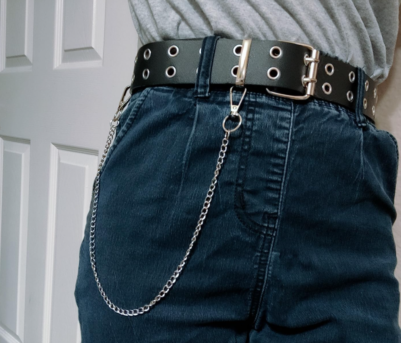 Gothic Belt with Chain, Double Grommet Buckle Leather Belt for Men and Women, Fashion Belt for Jeans and Pants, Punk Rock Y2K Style