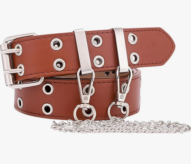 Gothic Belt with Chain, Double Grommet Buckle Leather Belt for Men and Women, Fashion Belt for Jeans and Pants, Punk Rock Y2K Style