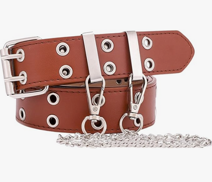 Gothic Belt with Chain, Double Grommet Buckle Leather Belt for Men and Women, Fashion Belt for Jeans and Pants, Punk Rock Y2K Style