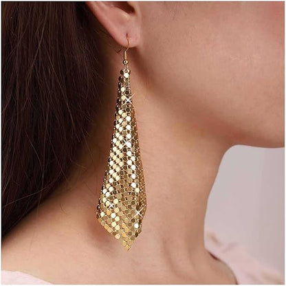 Trendy Women Earrings Metal Mesh Grid Sequins Tassel Long Drop Dangle Earrings