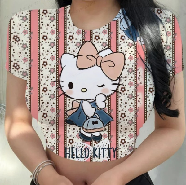 Hello Kitty O-Neck Short Sleeve Tee Y2K Women T-Shirt Fashion Cute Cartoon Printing