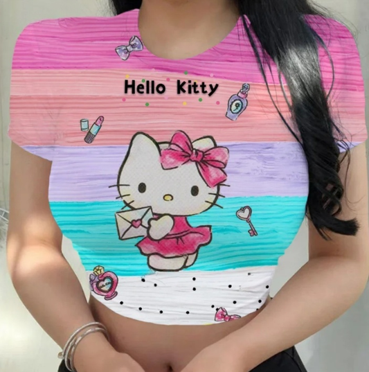 Hello Kitty O-Neck Short Sleeve Tee Y2K Women T-Shirt Fashion Cute Cartoon Printing