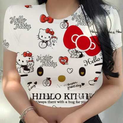 Hello Kitty O-Neck Short Sleeve Tee Y2K Women T-Shirt Fashion Cute Cartoon Printing