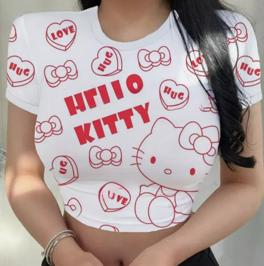 Hello Kitty O-Neck Short Sleeve Tee Y2K Women T-Shirt Fashion Cute Cartoon Printing