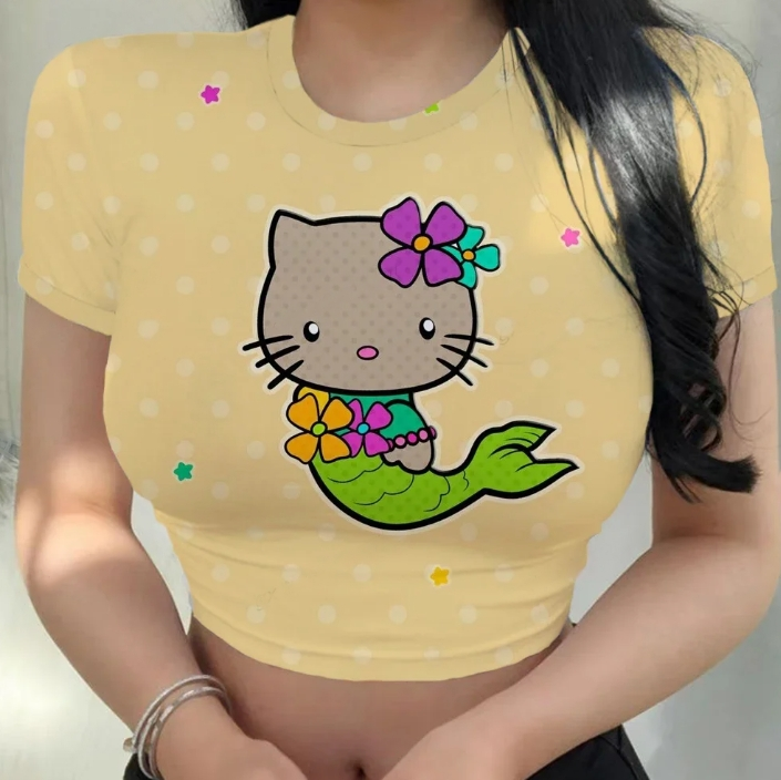 Hello Kitty O-Neck Short Sleeve Tee Y2K Women T-Shirt Fashion Cute Cartoon printing