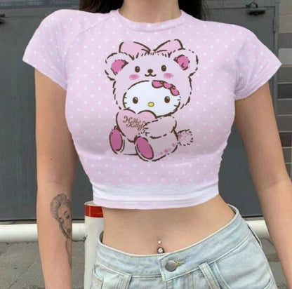 Hello Kitty O-Neck Short Sleeve Tee Y2K Women T-Shirt Fashion Cute Cartoon Printing