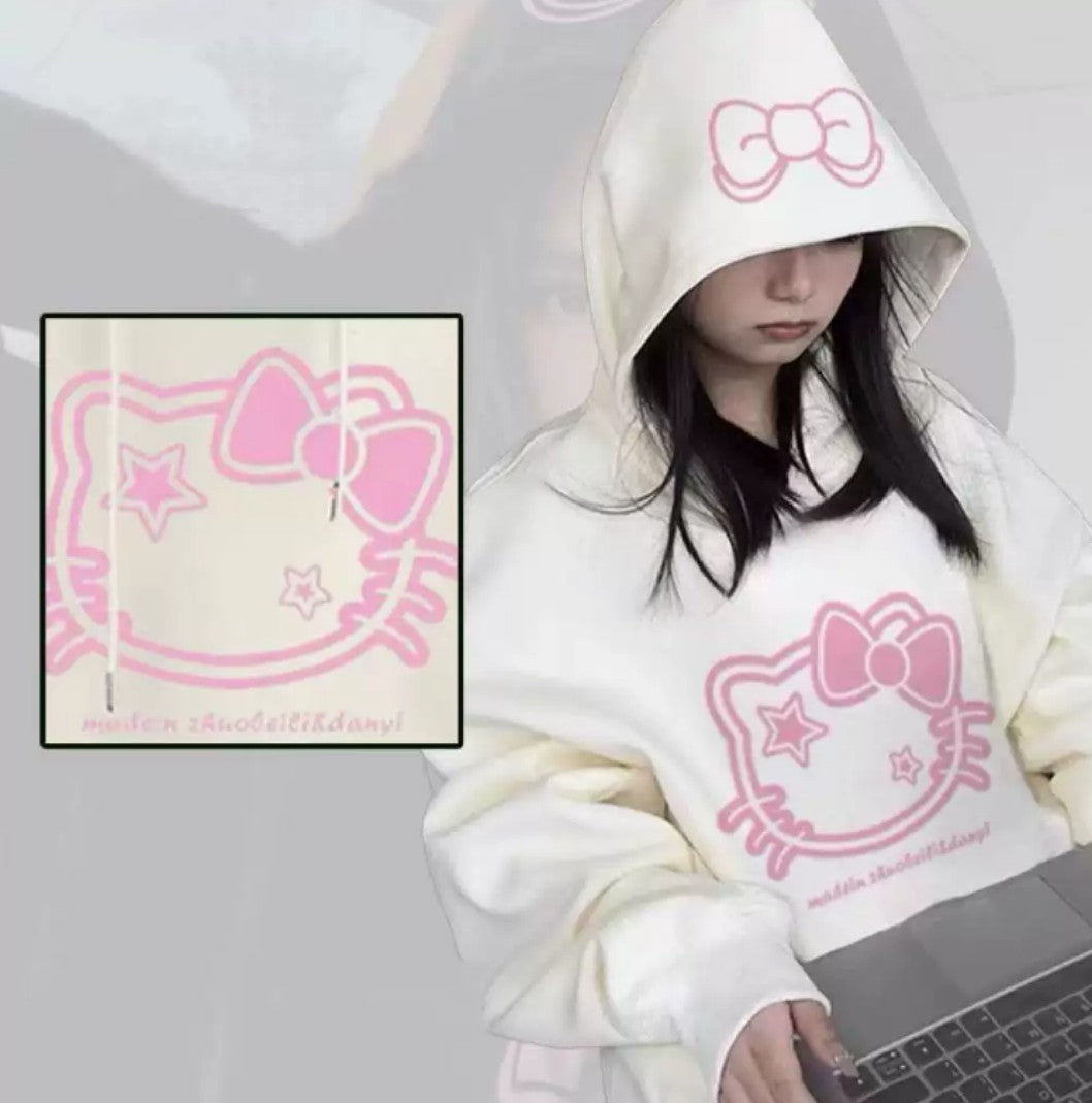 Hello Kitty Sweatshirt Hoodie Long Sleeves Warm Thickening Trendy Women Wear for Autumn Winter