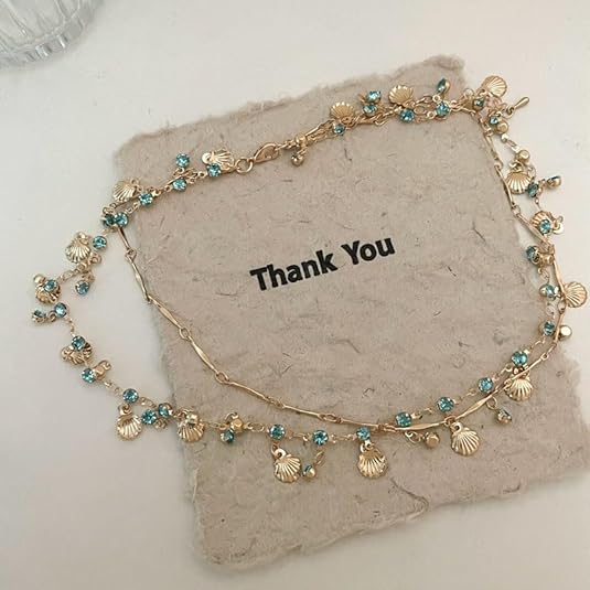 Gold Shell Necklace Metal Shell Double Layered Necklace Blue Zircon Shell Choker Necklace  Jewelry for Women