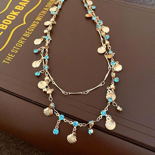 Gold Shell Necklace Metal Shell Double Layered Necklace Blue Zircon Shell Choker Necklace  Jewelry for Women