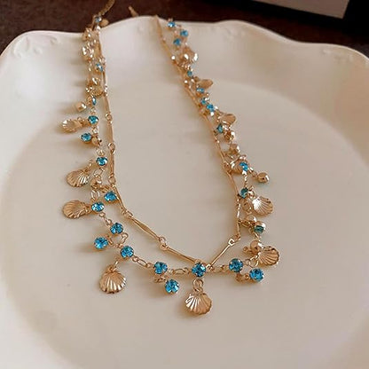 Gold Shell Necklace Metal Shell Double Layered Necklace Blue Zircon Shell Choker Necklace  Jewelry for Women