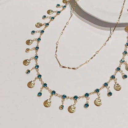 Gold Shell Necklace Metal Shell Double Layered Necklace Blue Zircon Shell Choker Necklace  Jewelry for Women