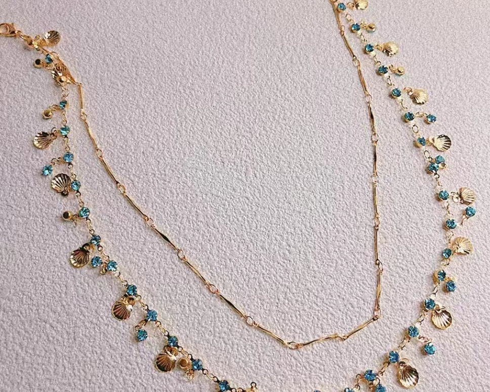 Gold Shell Necklace Metal Shell Double Layered Necklace Blue Zircon Shell Choker Necklace  Jewelry for Women