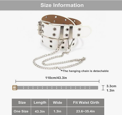 Gothic Belt with Chain, Double Grommet Buckle Leather Belt for Men and Women, Fashion Belt for Jeans and Pants, Punk Rock Y2K Style