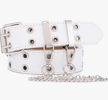 Gothic Belt with Chain, Double Grommet Buckle Leather Belt for Men and Women, Fashion Belt for Jeans and Pants, Punk Rock Y2K Style