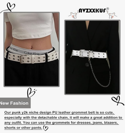 Gothic Belt with Chain, Double Grommet Buckle Leather Belt for Men and Women, Fashion Belt for Jeans and Pants, Punk Rock Y2K Style